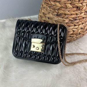 Women’s Black Patent Leather Quilted Purse with Long Gold Chain